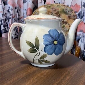 Floral Ceramic Teapot with Blue Flower Design